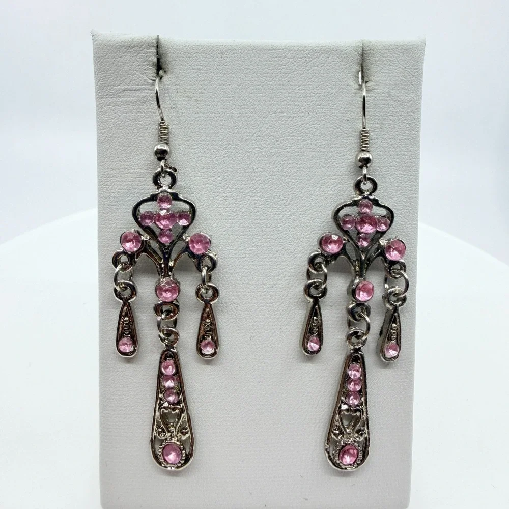 VTG Pink Rhinestone Chandelier Dangle Earrings Silver Tone Goth Fairycore Retro
